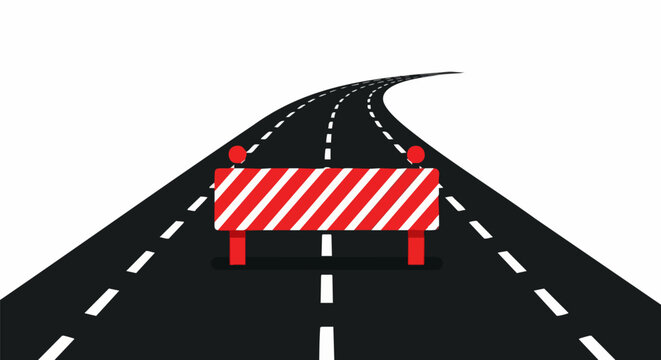 Road Block Ahead on Winding Asphalt Highway with Striped Barrier