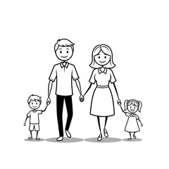 Simple Line Drawing of a Happy Family Holding Hands.