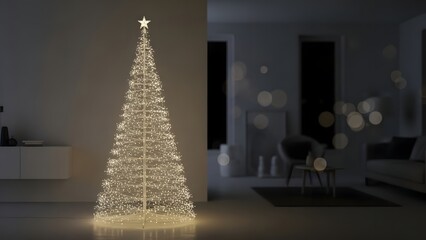Fototapeta premium A brightly lit christmas tree standing alone in a dimly lit room with modern decor