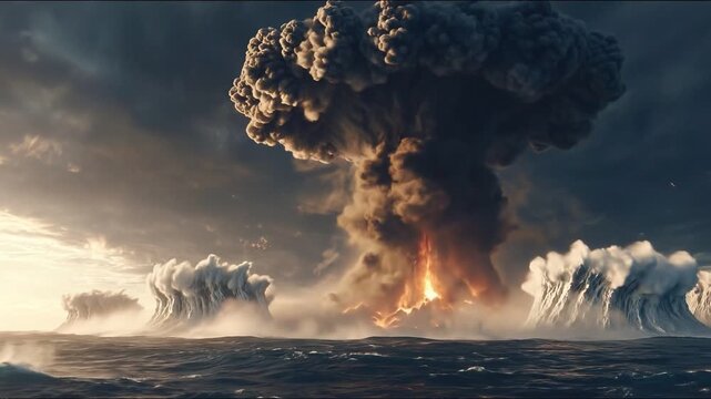 Ocean Fury: A colossal mushroom cloud erupts above the ocean's surface, reflecting the immense power and the destructive force unleashed beneath the churning waves.