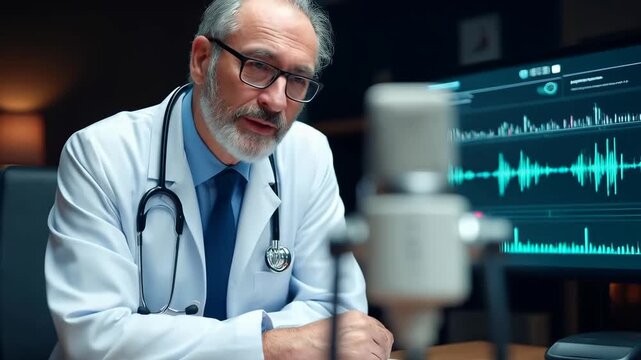 Doctor recording professional medical podcast in modern studio with microphone and blurred background lights 