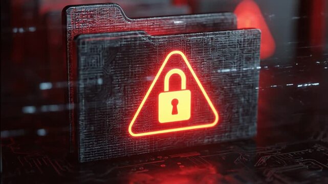 Cybersecurity alert: A digital folder marked with a glowing lock and warning sign represents data protection and cyber security, symbolizing data breaches, hacks, and online safety.