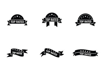 Top Rated Badge and Ribbon Label Icon Set in Black Vector Illustration.