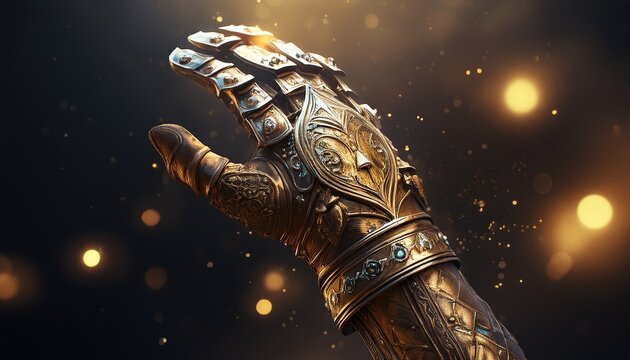 medieval gauntlet floating with shimmering particle effects