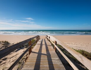 wooden boardwalk leading to sandy beach with clear blue sky and calm ocean waves peaceful coastal scenery