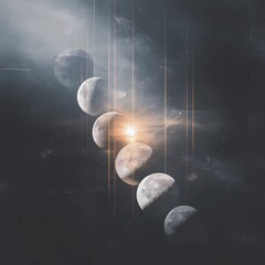 Surreal composition of moon phases floating in space, soft light, dreamy atmosphere