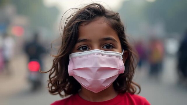 A little girl wearing mask due to air pollution in Delhi, India.