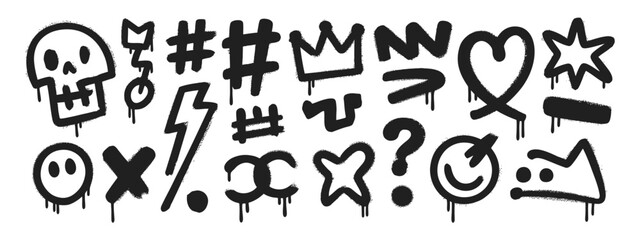 Black and white doodle style graffiti elements including skulls hearts and symbols