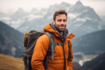 Naklejka premium Happy man standing with backpack, admiring mountain peaks