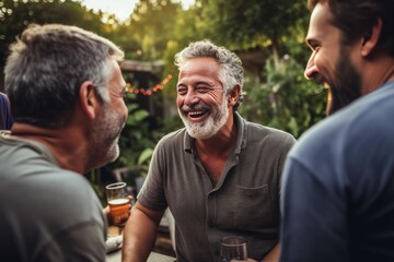 Fototapeta premium Men laughing and socializing outdoors with drinks in a garden