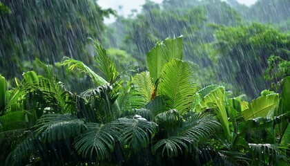 Naklejka premium heavy tropical rain falling on lush green foliage
