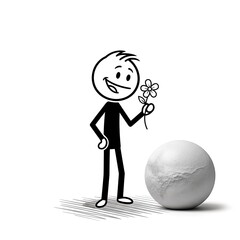 Smiling Cartoon Man Holding Flower Near Ball.