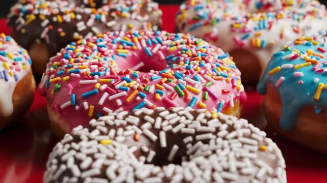 Colorful donuts with sprinkles and frosting