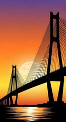 Obraz premium Silhouette of cable-stayed bridge at sunset.