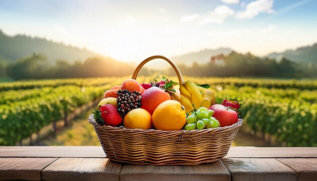 different kind of fruits in a wooden basket with a background of farm full of plants