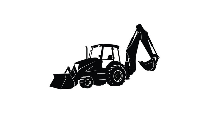 A stark black silhouette depicts a backhoe loader showcasing its mechanical arm and front bucket silhouette high quality professional detailed modern