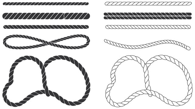 Decorative rope design element, clipart illustration with straight, wavy, and curved styles, nautical and craft concept, vector illustration