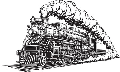 Vintage steam locomotive illustration with billowing smoke viewed from the side