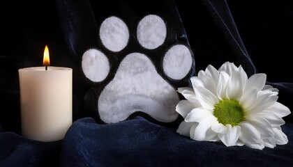 a large white paw placed on a dark velvet background with candle and white flower gentle light in memory of a cherished feline friend