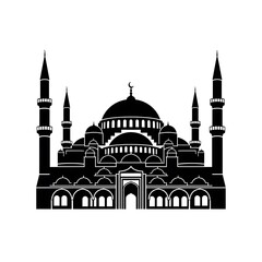 Mosque silhouette with minarets and dome.
