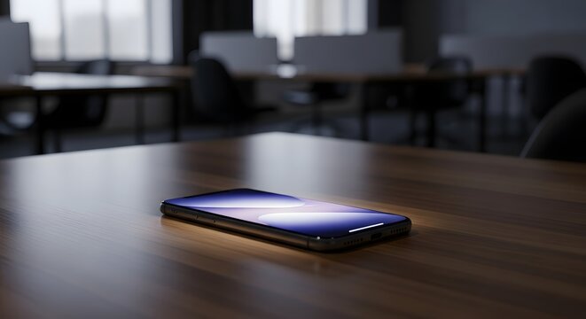 Sleek modern smartphone lying face up on a dark wooden office desk with blurred background workstations creating a professional workspace atmosphere