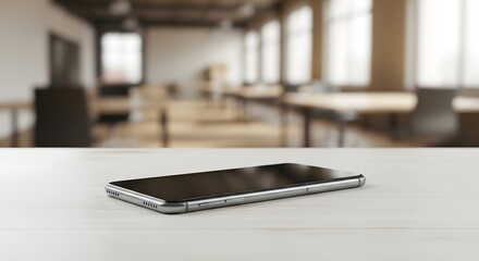 Sleek modern smartphone device lying face down on a light wooden desk surface with a blurred empty office background suggesting modern workspace technology
