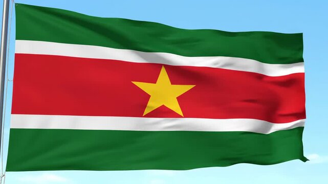 The national flag of Suriname waving in the wind. Realistic 3D animation of the Surinamese banner against a blue sky. National symbol of patriotism and independence