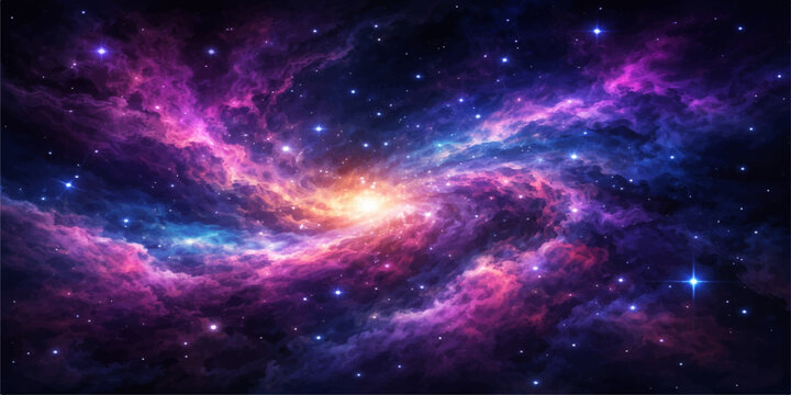 An abstract dark blue nebula galaxy background features a deep space starfield with bright light and cosmic clouds across the night sky universe