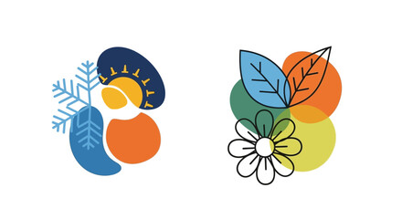 Abstract vector illustration of winter and nature elements with sun, snowflake, flower, and leaf symbols on an isolated white background.