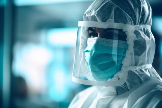 Healthcare worker wearing protective face shield and surgical mask