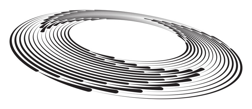 Abstract circle with black segments on white background. Geometric line pattern, spiral with depth, motion, distortion, and perspective. Ideal for branding, tech, UI, or minimalist design.