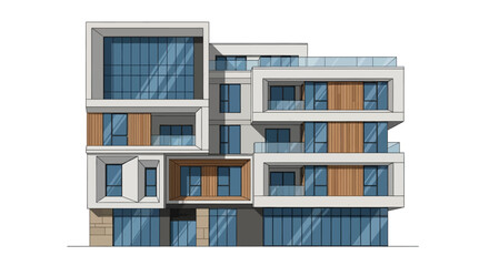 Obraz premium Modern multi-story apartment building with balconies and large windows, contemporary architectural design on an isolated white background.