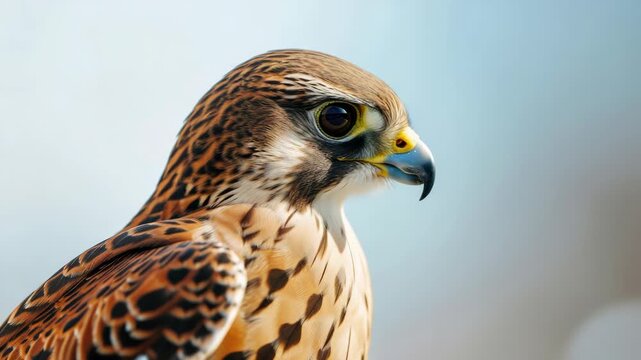 Falcon with striking gaze perched on branch.