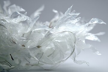 Obraz premium Clear plastic fragments gather together on a plain surface showing texture and movement in close view during daylight hours inside a studio