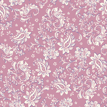 pink background paisley, swirl and floral mix motif seamless print pattern