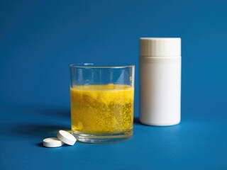 Effervescent tablet dissolving in a glass of water next to a white bottle and two pills on a blue background.
