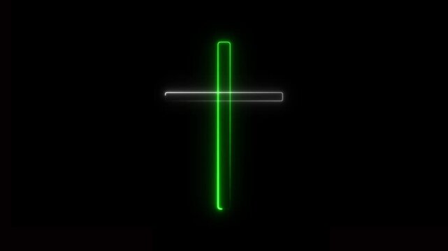 Glowing Neon Cross Sword Symbol in white and green on Black Background