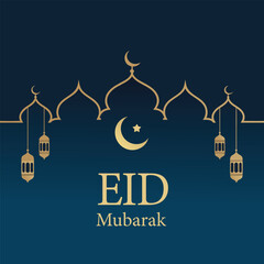 Minimalist eid mubarak gold mosque silhouette on dark blue background
