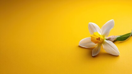 Yellow flower with white petals and yellow center sits on a solid yellow background in soft light