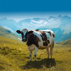 Brown and white cow in serene mountain meadow with natural sunlight for agricultural advertising