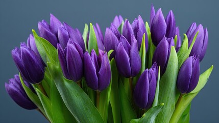 Purple tulips arranged together with green leaves on a simple background in a bright setting during the day