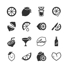 Lemon and citrus fruit symbols, monochrome icons set. Fresh lemon slices, juice, citrus beverage, sour taste, vitamin food ingredient, cooking and drink preparation. Black and white symbols style.