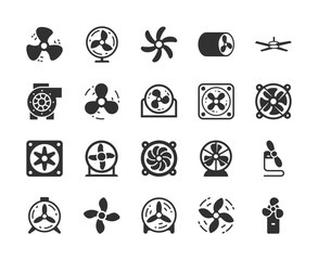 Ventilation and air circulation systems, monochrome icons set. Fan equipment, exhaust ventilation, airflow control, cooling device, ventilation, climate regulation. Black and white symbols style.