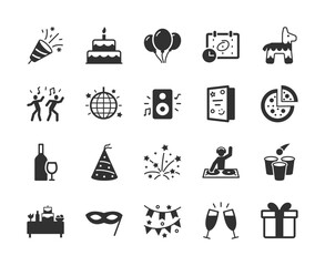 Celebration and party events, monochrome icons set. Holiday activity, festive decoration, birthday party, entertainment, food and drink, joyful occasion. Black and white symbols style.