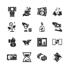 Money and finance symbols, monochrome icons set. Cash flow, payment transaction, income and expense, saving and investment, banking service, currency exchange. Black and white symbols style.