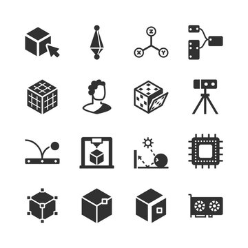 3D modeling and digital visualization, monochrome icons set. Three dimensional design tools, geometry editing, rendering process, animation, technical graphics. Black and white symbols style.