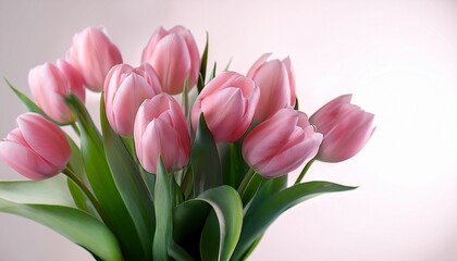 Fototapeta premium Pink Tulips In A Vase With Green Leaves