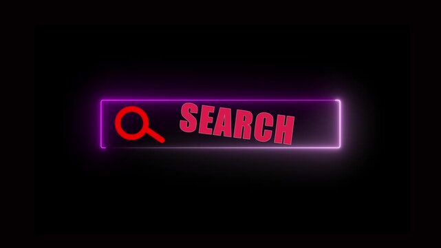 Neon Search Bar Animation with Magnifying Glass Icon on Black Background