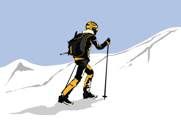 Vector illustration of a person hiking on a snowy mountain