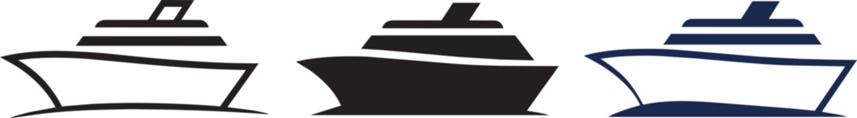 Cruise ship line and silhouette icons representing maritime travel and luxury vacation vessels © fay009